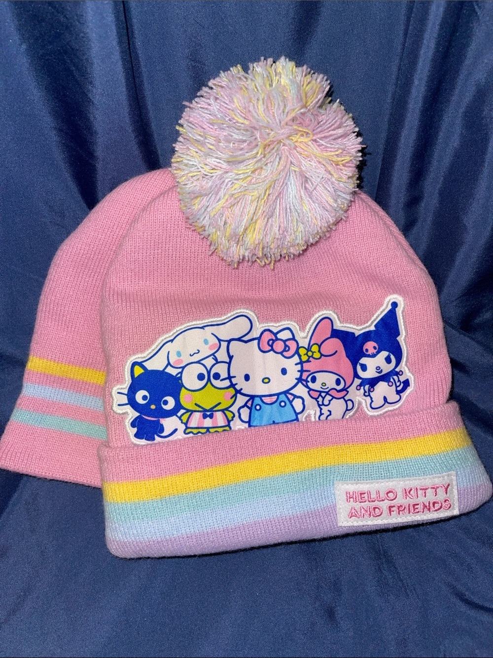 Hello Kitty Pink Pom-Pom Beanies with Pastel Rainbow Stripes